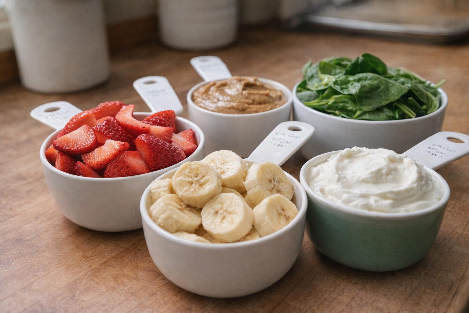 Close-up shot of ingredients for a breakfast smoothie, including sliced banana, strawberries, spinach, almond butter, and Greek yogurt in measuring cups, natural light